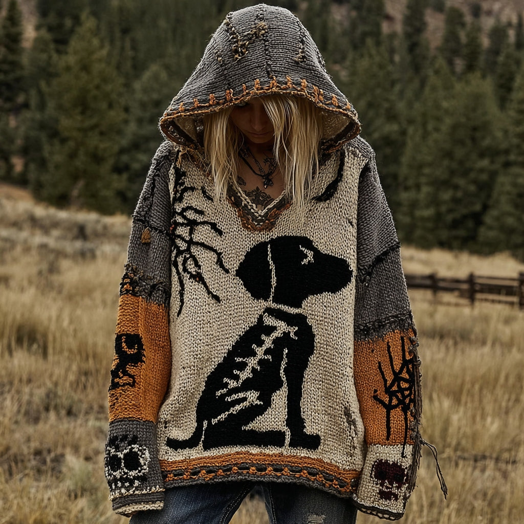 Halloween Dog Spiderweb Patchwork Stitched Cozy Knit Hoodie artswardrobe