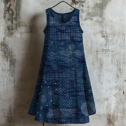 Comstylish Vintage Japanese Sashiko Art Linen Linen Midi Dress