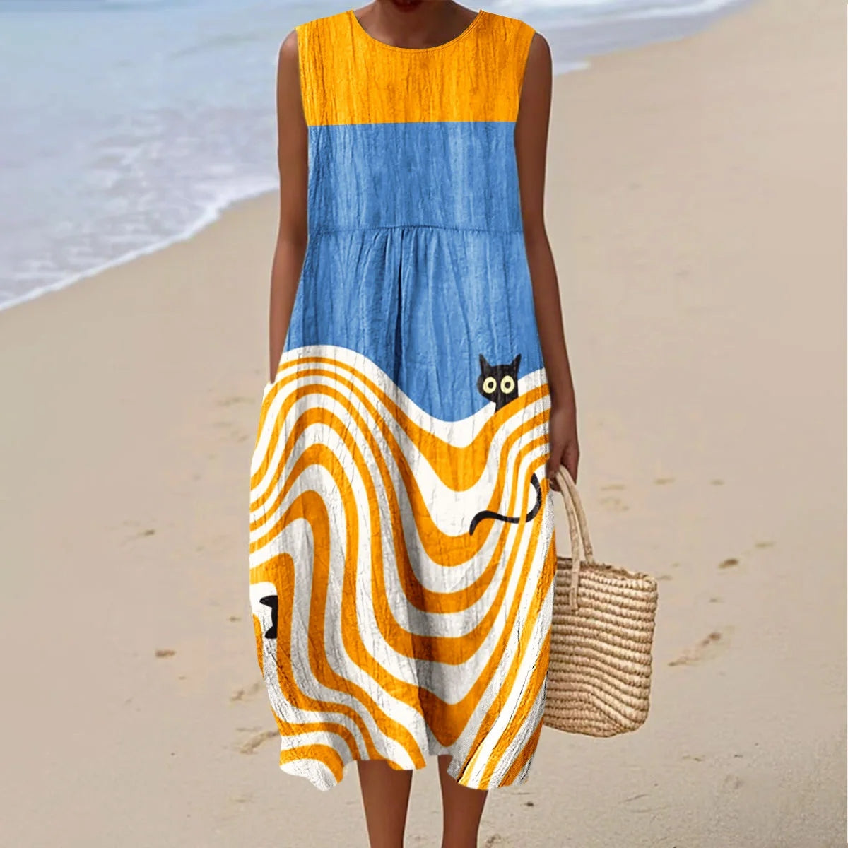 Women's Vintage Abstract Geometric Cat Art  Linen Midi Dress elevenforest