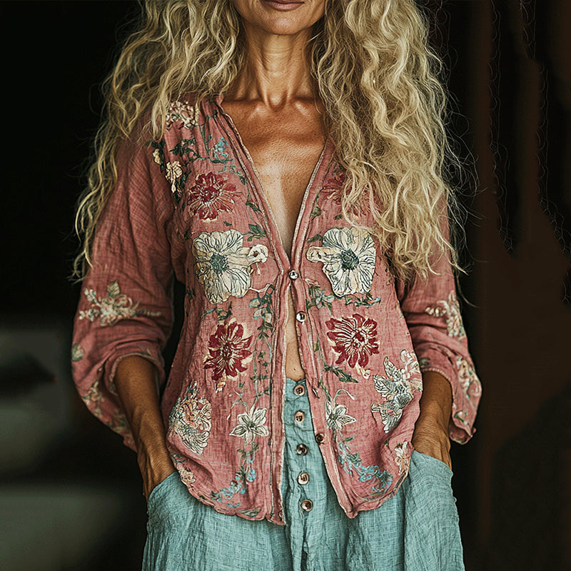 Bohemian Linen Floral Print  Long Sleeve Shirt artswardrobe