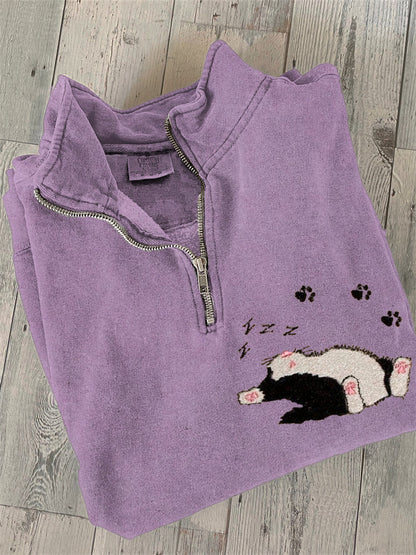 Sleeping Cat Embroidered Text Print Zipper Casual Sweatshirt elevenforest