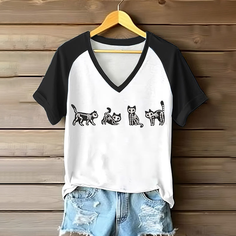 Comstylish Women's Fun Cat Graphic Print V-neck Raglan Comfortable Short Sleeve T-shirt