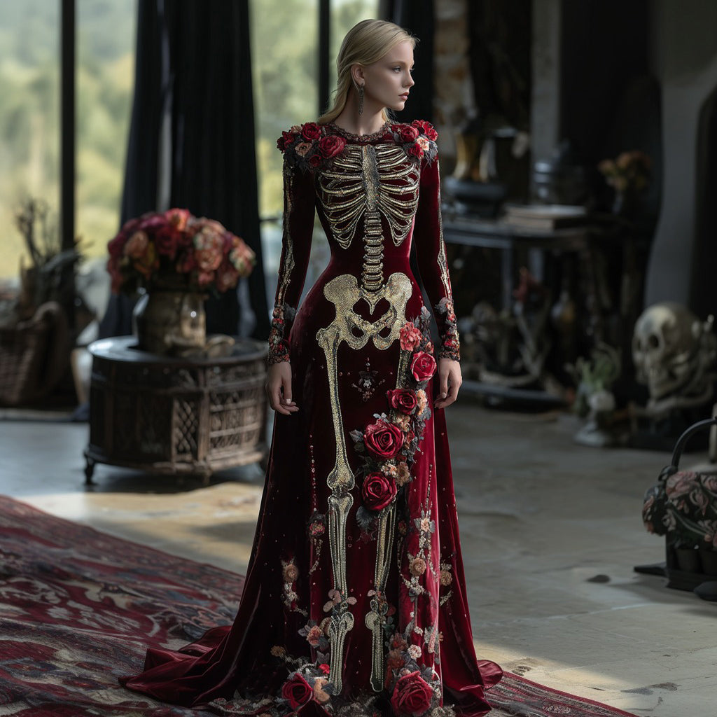 Comstylish Women's Vintage Rose Skeleton Romantic Classic Velvet Maxi Dress