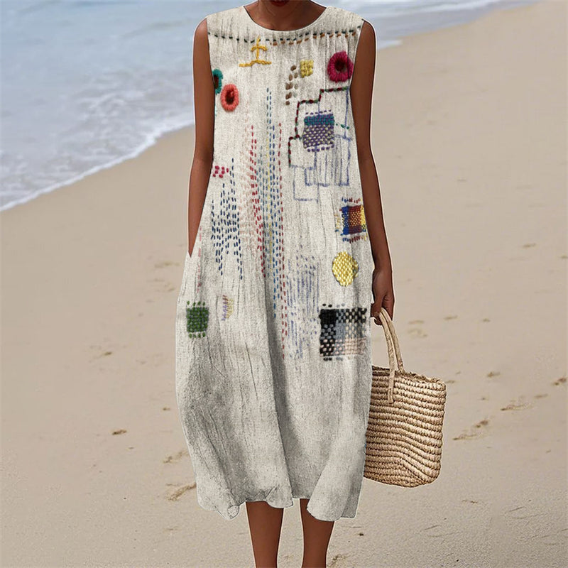 Comstylish Colorful Geometric Japanese Embroidered Art Linen Tank Dress