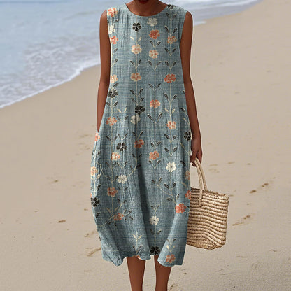 Women's Vintage Floral Art Linen Tank Dress artswardrobe
