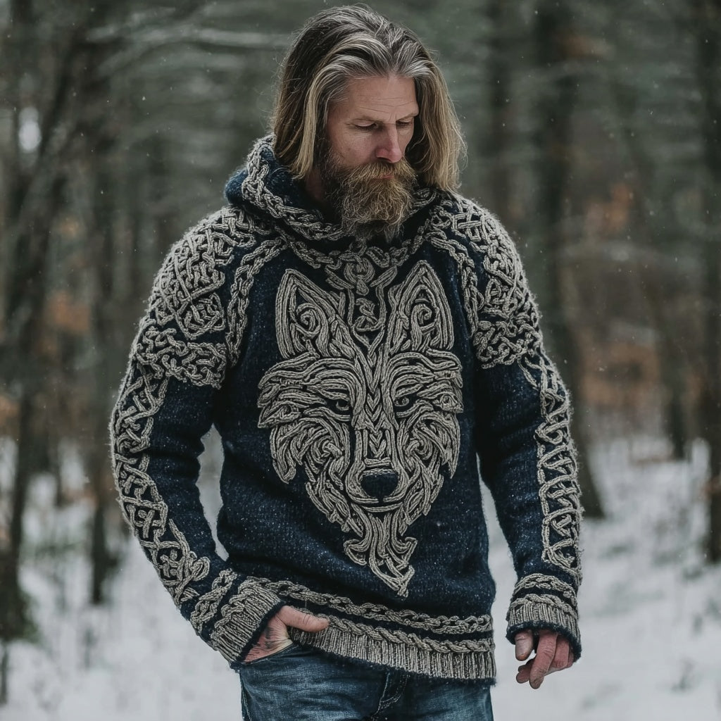 Men's Viking Inspired Celtic Wolf Chunky Hooded Sweater artswardrobe