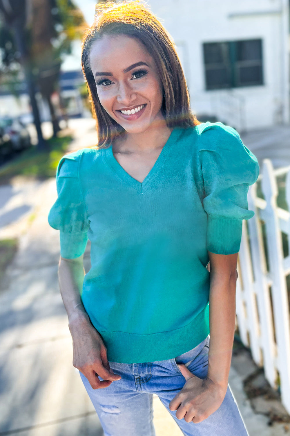 Olivia® | Solid emerald ruched sweater top with puff sleeves