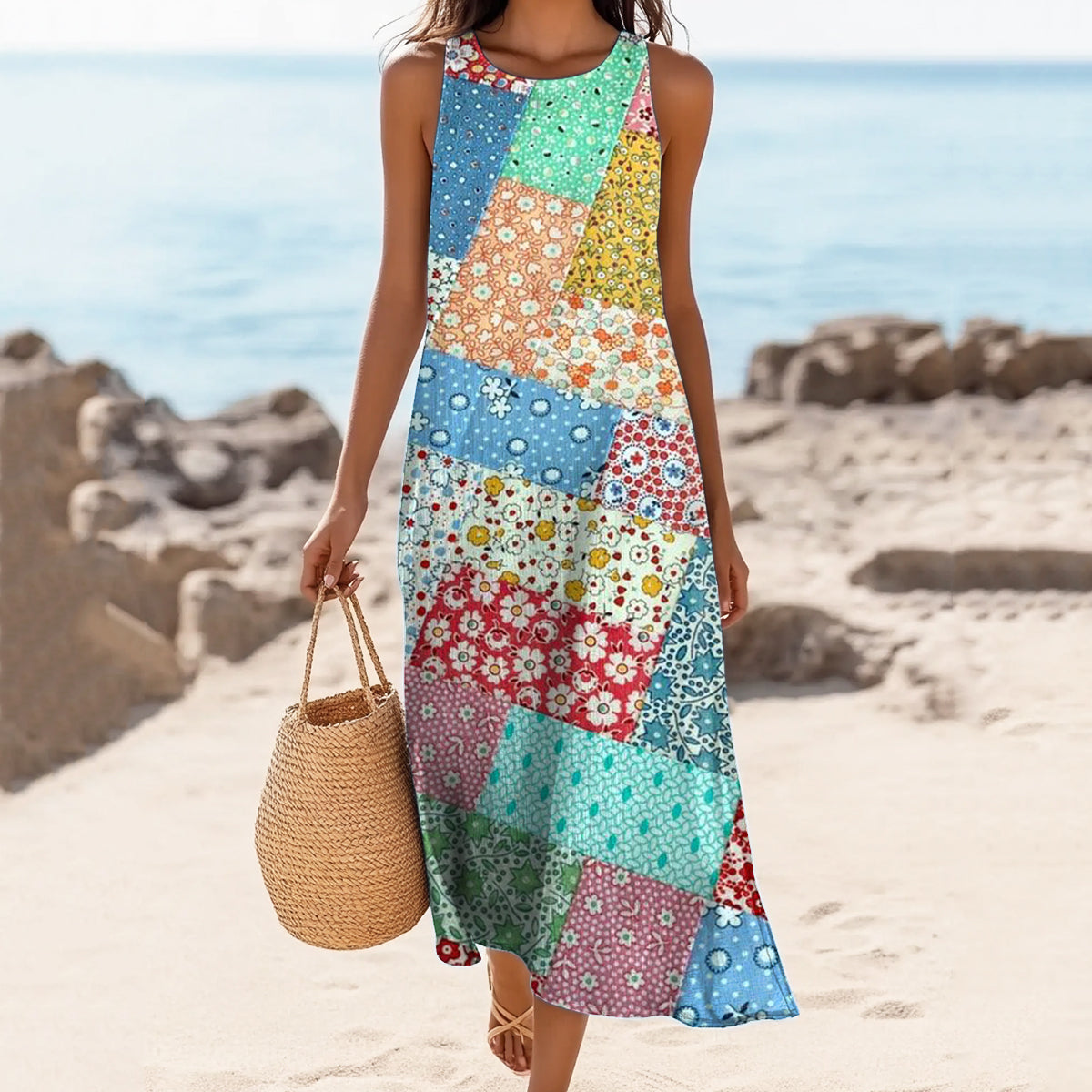 Women's Vintage Floral Patchwork Art Print Sleeveless Dress artswardrobe