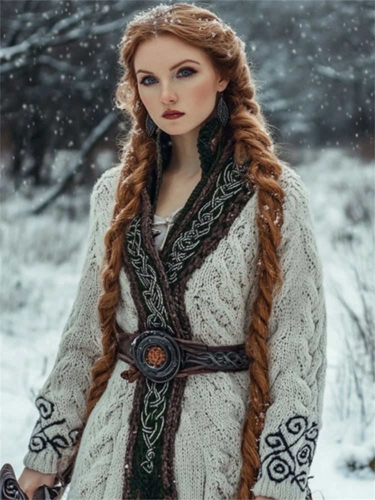 Medieval Celtic Contrast Hem Cozy Chunky Long Cardigan artswardrobe