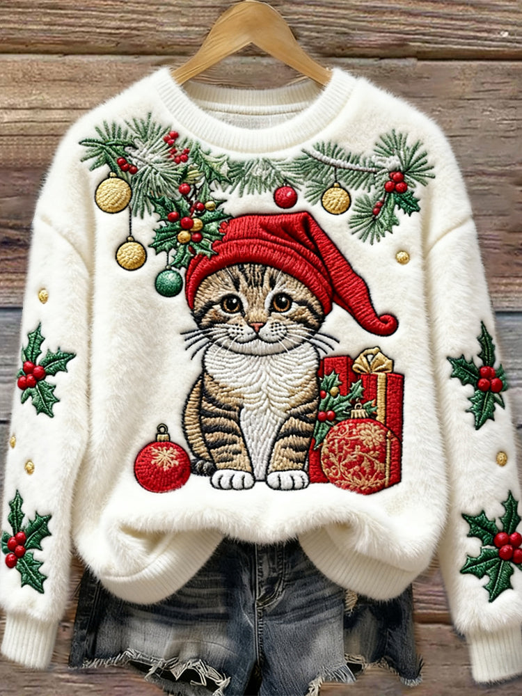 Comstylish Christmas Cute Cat Art Embroidery Women's Cozy Plush Sweater