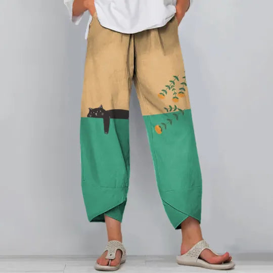 Comstylish Abstract Creative Lazy Black Cat Painting Art Casual Pants