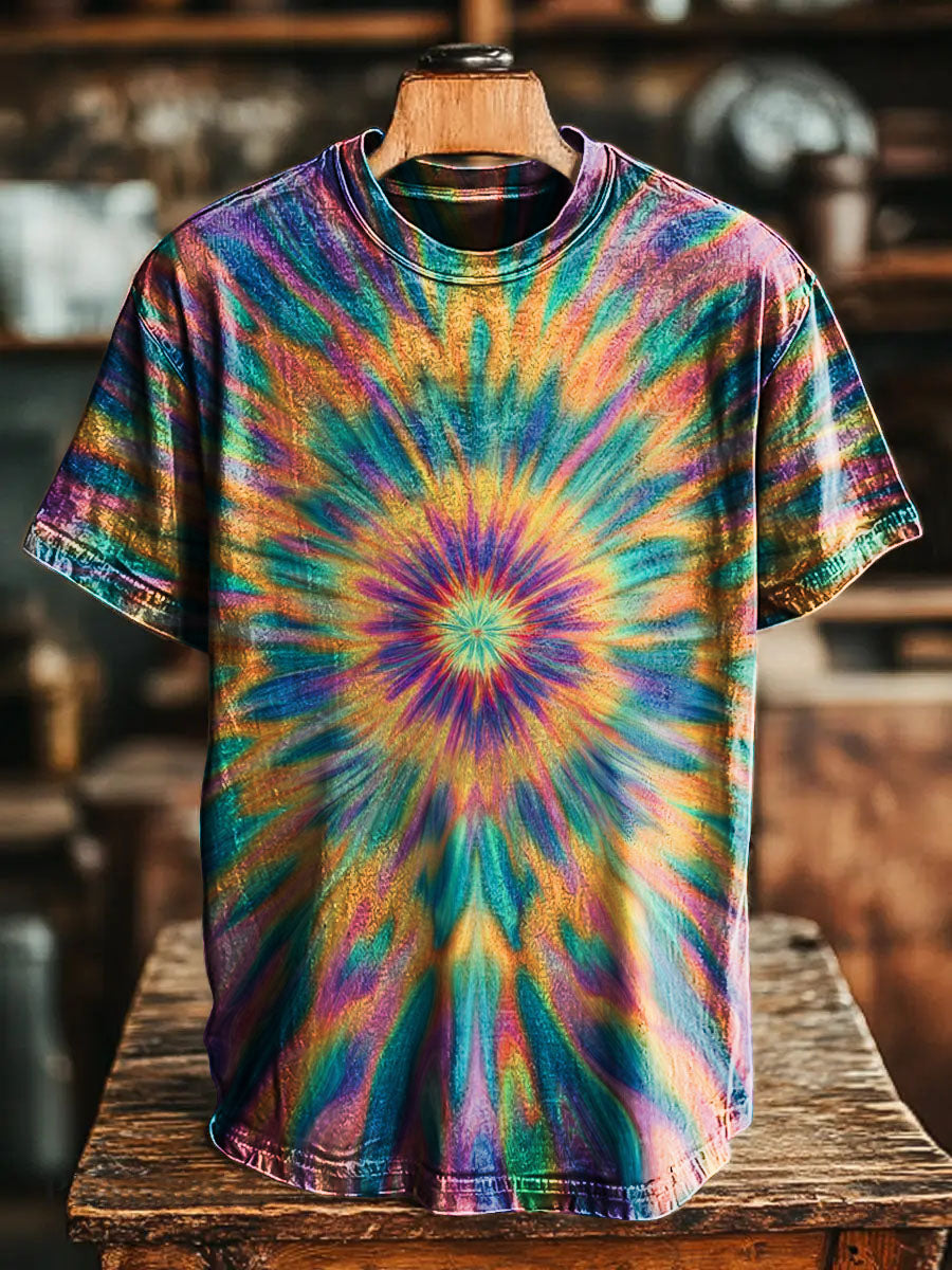 Colorful Visual impact tie-dyeing Vintage Art Print Casual T-shirt For