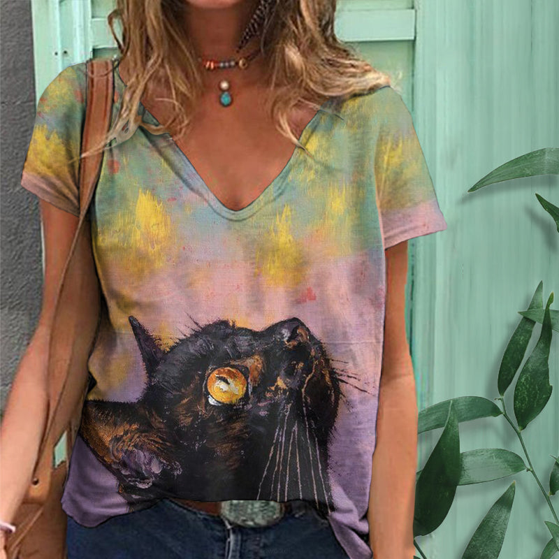 Comstylish Women's Black Cat In Oil Painting Print V-neck T-shirt