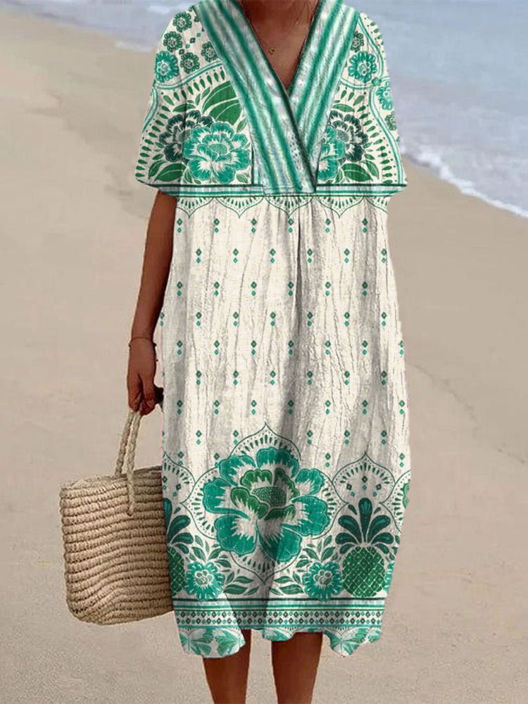 Japanese Art Floral Pattern Linen Blend Midi Dress