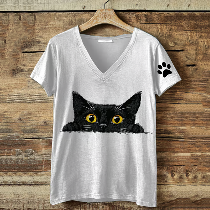 Abstract Creative Cute Cat Printed V Neck T-shirt elevenforest