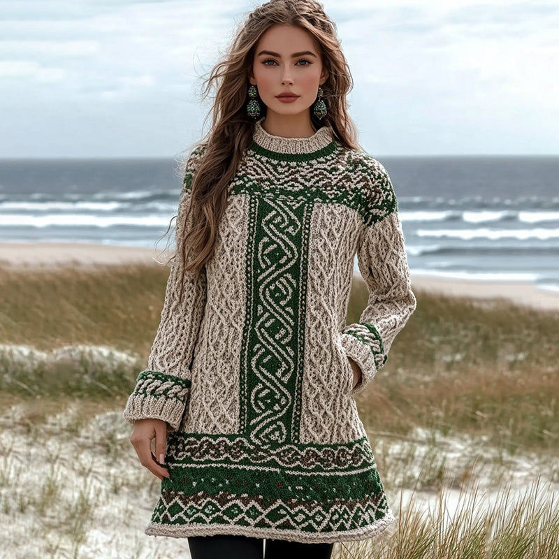 Women's Irish Celtic Knot Jacquard Contrast Pocket Sweater Dress artswardrobe
