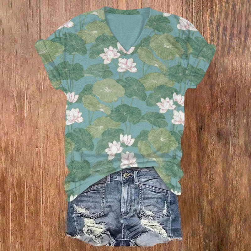 Comstylish Casual Water Lily Art Graphic Women's T-Shirt