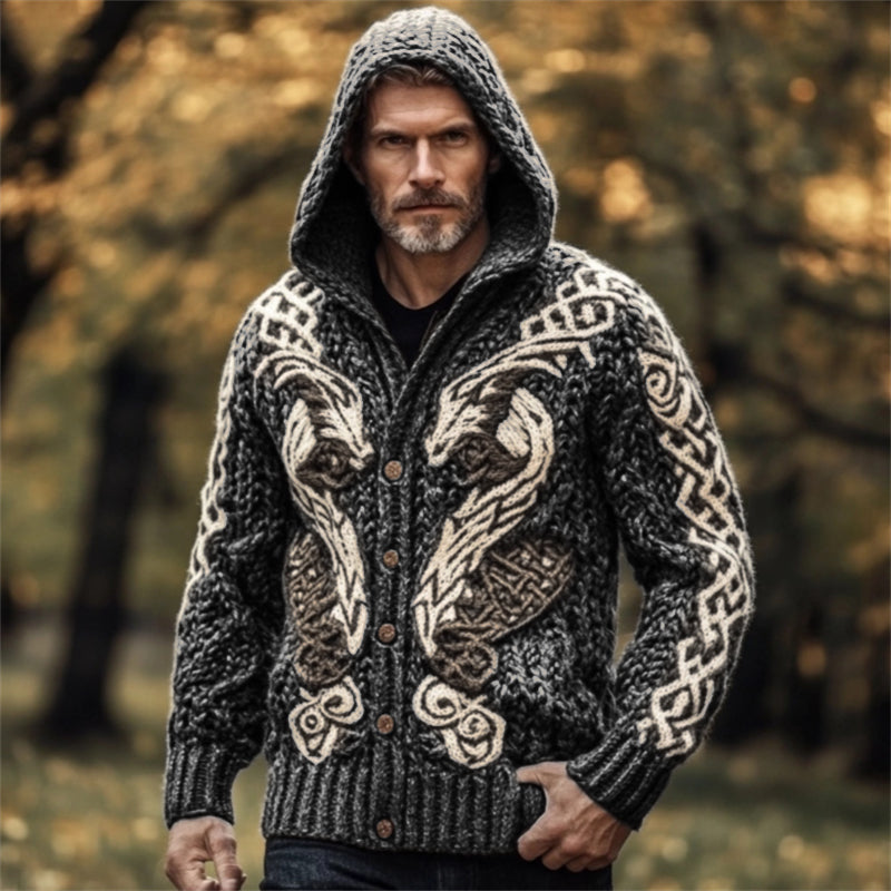 Men's Viking Wolf Celtic Chunky Hooded Cardigan artswardrobe