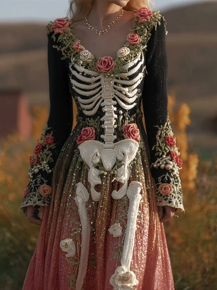 Comstylish Vintage Skeleton Roses Glitter Gradient Flowy Maxi Dress