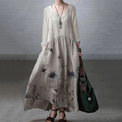 Comstylish Japanese Art Floral Printed Long Sleeve V-neck Midi Dress