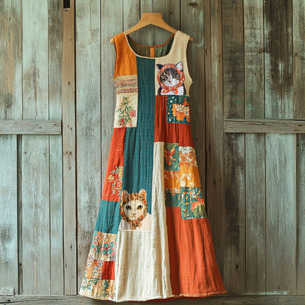 Women's Retro Color Block And Cat Art Sleeveless Maxi Dress elevenforest
