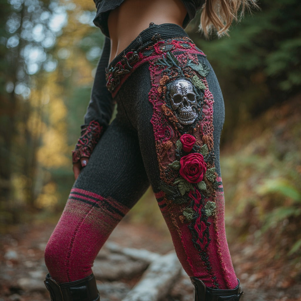 Women's Vintage Sugar Skull And Rose Pattern Comfortable Leggings artswardrobe