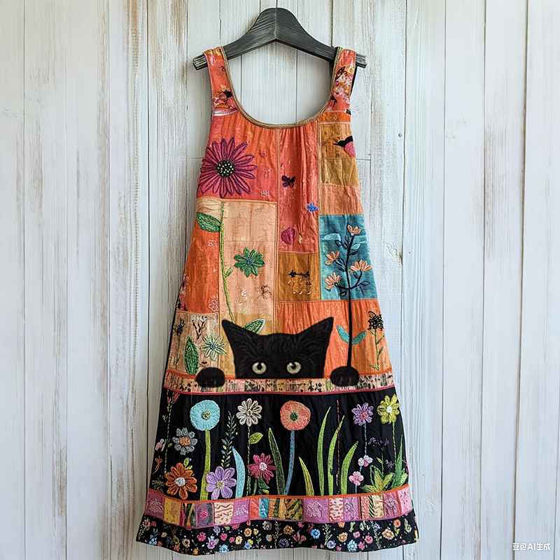 Vintage Abstract Creative Cute Cat In Floral Art Embroidered Cozy Linen Midi Dress elevenforest