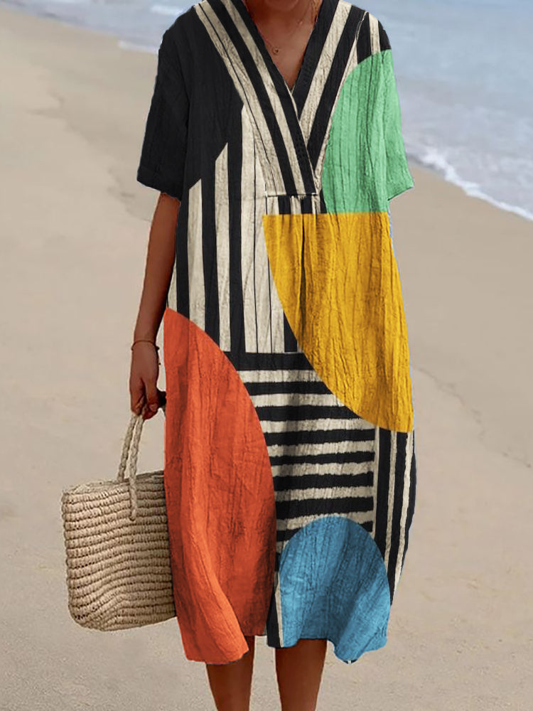 Comstylish Colorblock Geometric Art Striped Flowy Linen Blend Dress