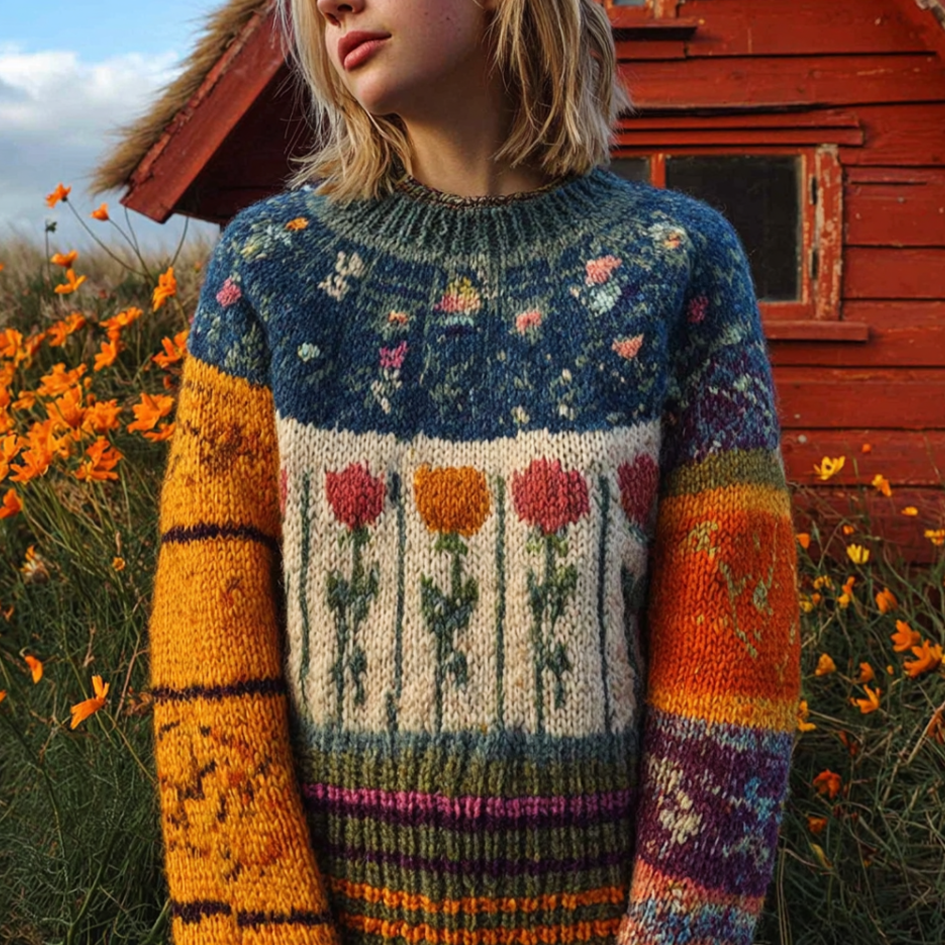 Comstylish Retro Country Style Design Women's Round Neck Knit Sweater