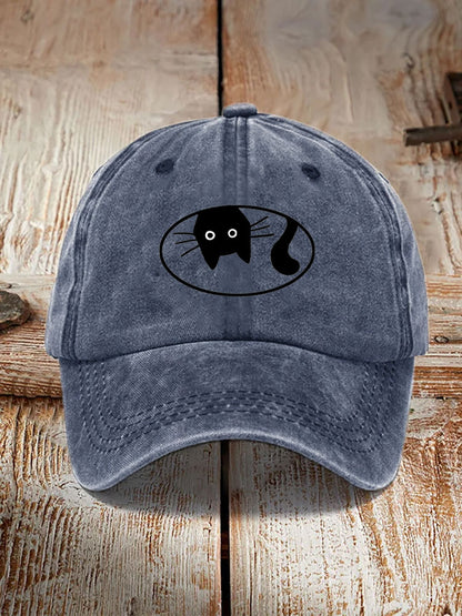 Comstylish Japanese Art Black Cat Print Washed Hat