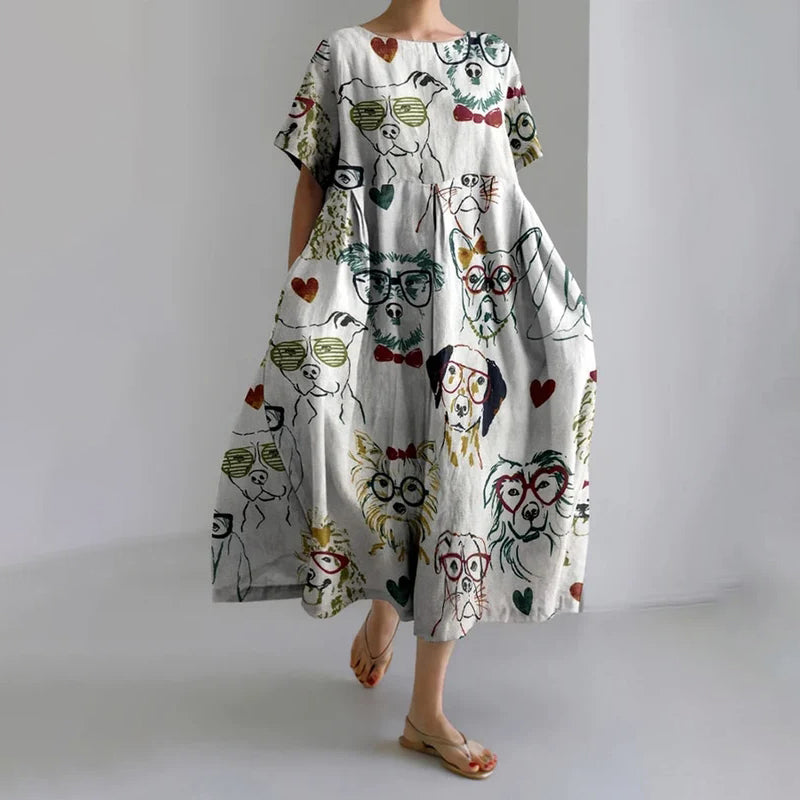 Comstylish Women's Dogs In Glasses Print Short Sleeve Casual Midi Dress