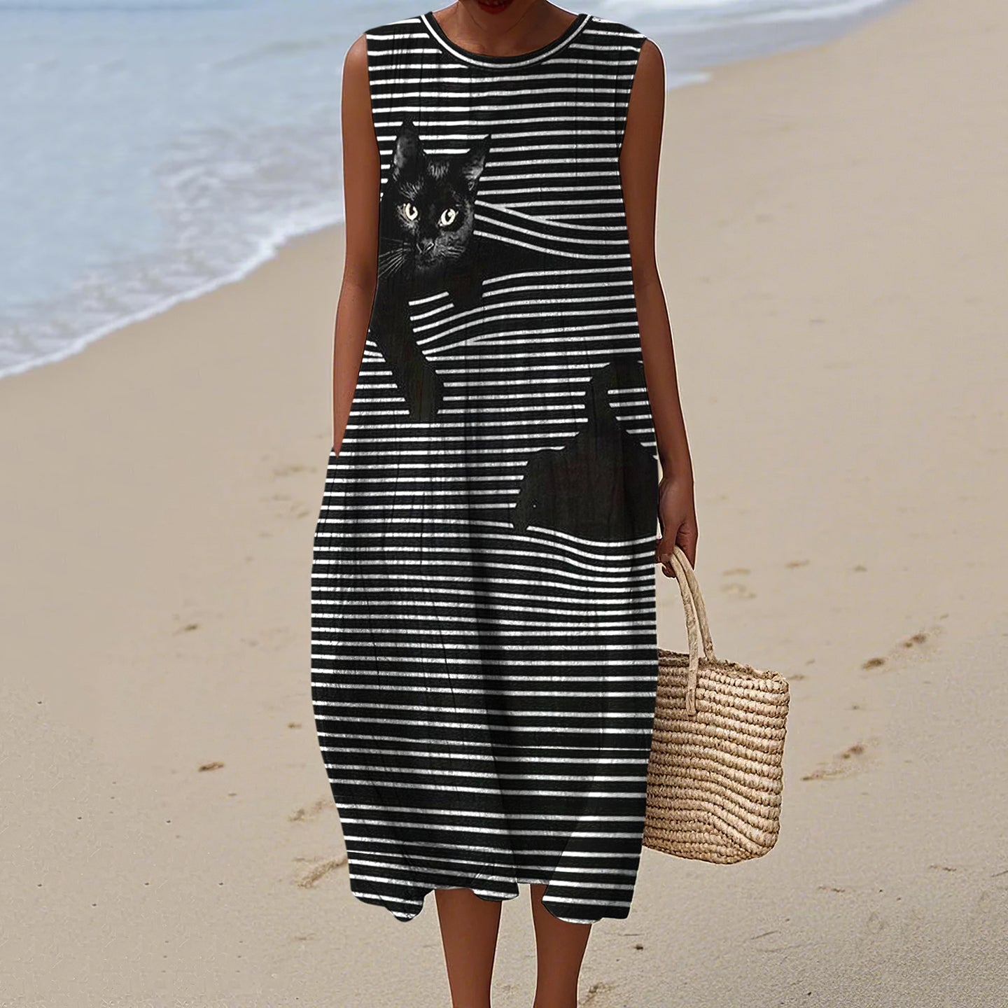 Comstylish Cute Black Cat Stripe Art Pattern Linen Tank Dress