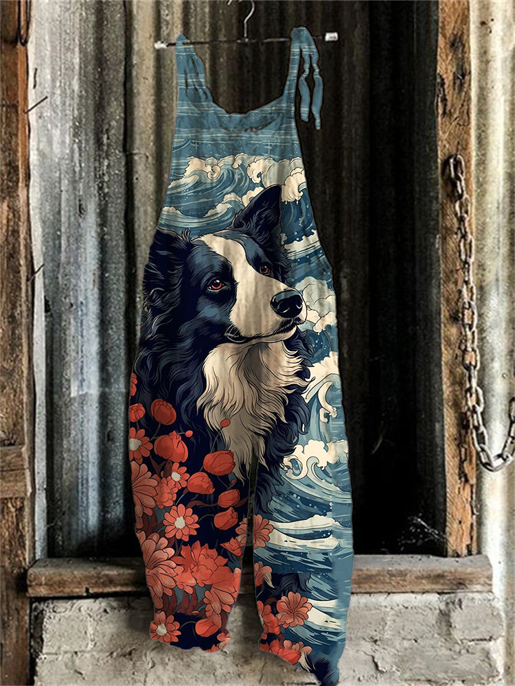 Comstylish Border Collie Japanese Ukiyo-E Art Linen Blend Jumpsuit