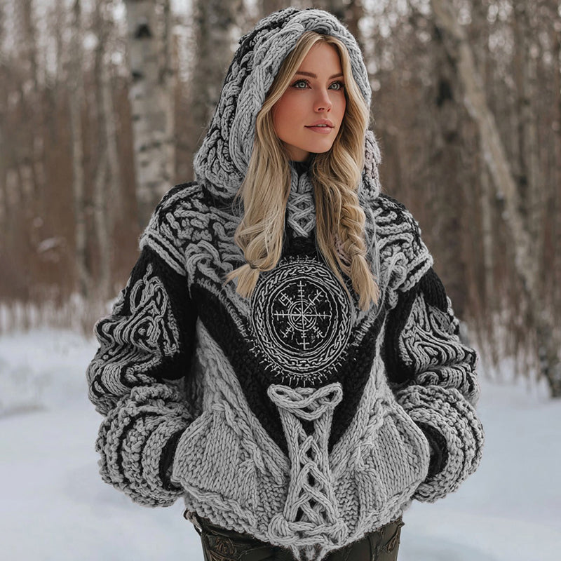 Women's Viking Celtic Knot Vegvisir Rune Knit Hooded Sweater artswardrobe