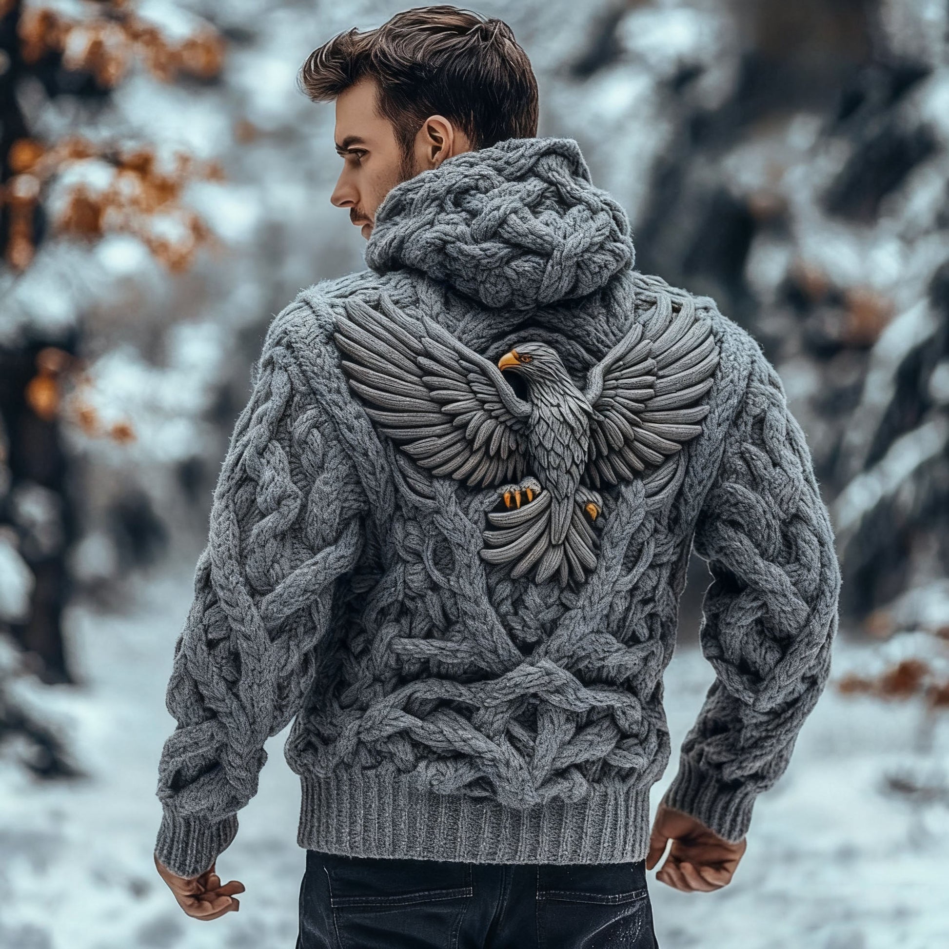 Men's Viking Tribal Eagle Celtic Chunky Knit Hooded Sweater artswardrobe