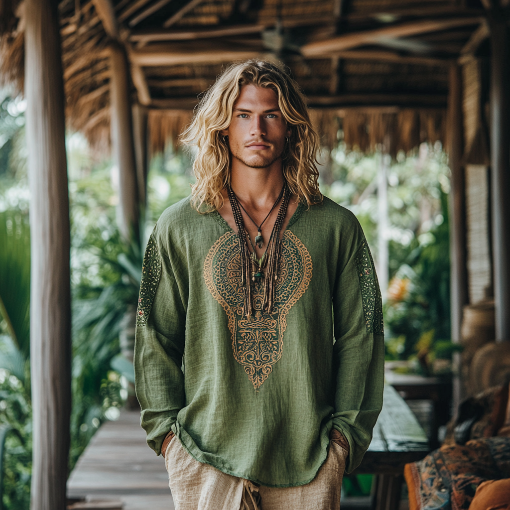 Men's Bohemian Holiday Style Linen Printed Casual Long Sleeve Tops artswardrobe