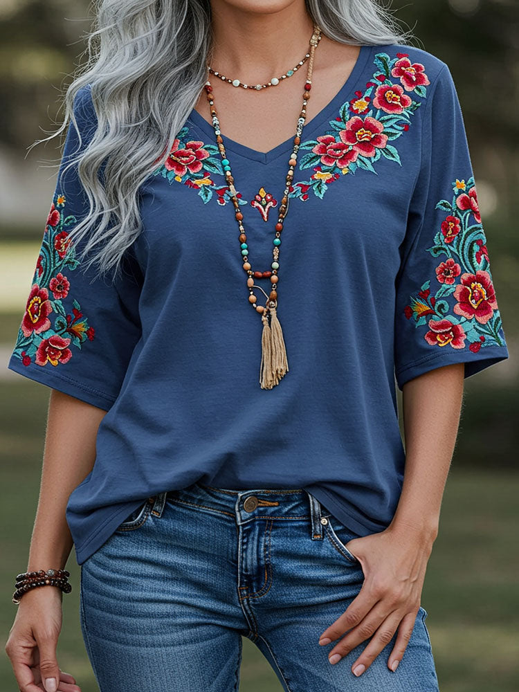 Women's Bohemia Ethnic Print Style Line Loose T-shirt artswardrobe