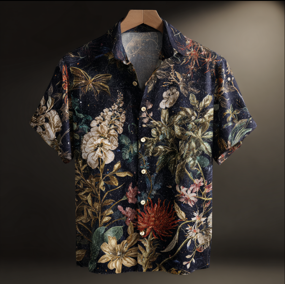 Bohemian Style Plant And Flower Pattern Men's Retro Cotton And Linen Shirt artswardrobe