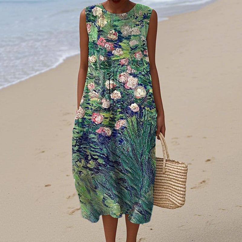 Women's Retro Oil Floral Painting Casual Midi Dress artswardrobe