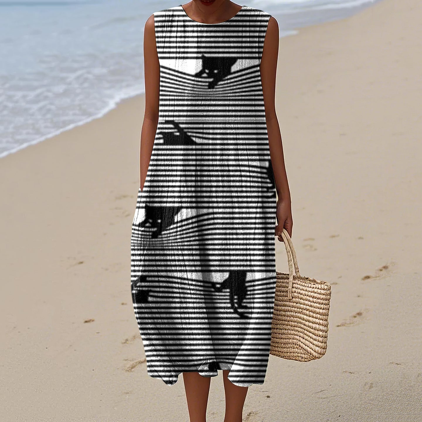 Women's Vintage Black Cats Stripes Art Print Sleeveless Dress elevenforest