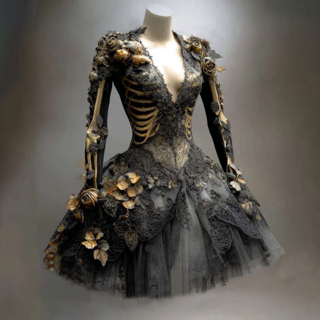 Comstylish Women's Gothic Skull And Branches Pattern Witch Midi Dress