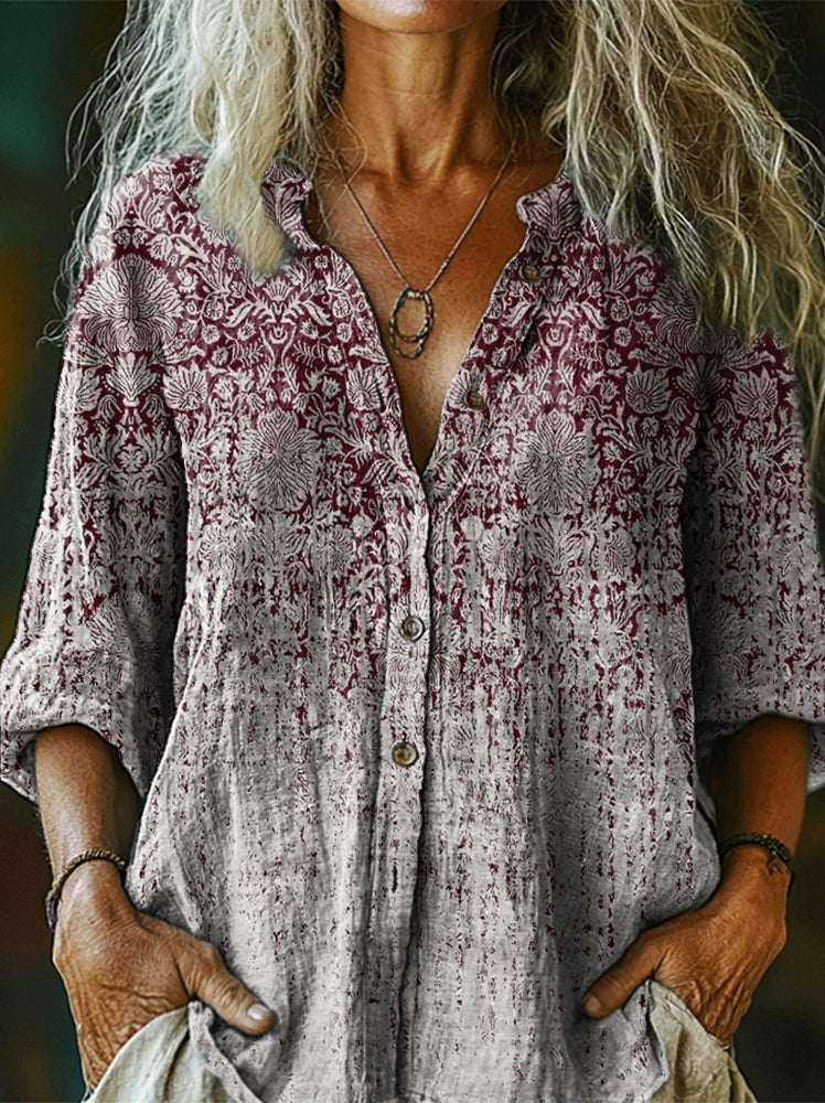 Women's Vintage Ethnic Gradient Art Print Casual Cotton Linen Shirt