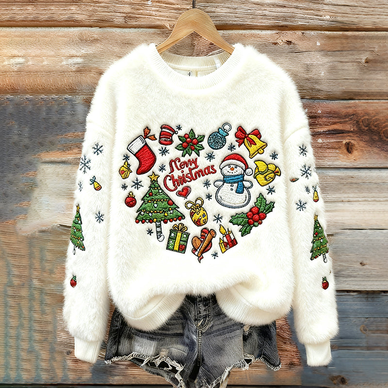 Comstylish Cute Snowman And Christmas Tree Pattern Warm Crew Neck Sweater