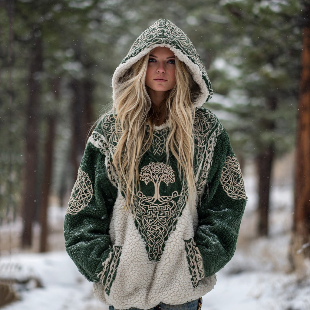 Comstylish Women's Vintage Tree Of Life Celtic Contrast Color Design Plush Warm Hoodie