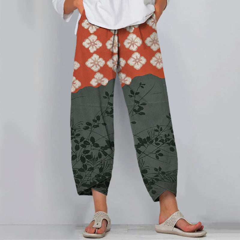 Comstylish Japanese Art Flower Print Casual Pants