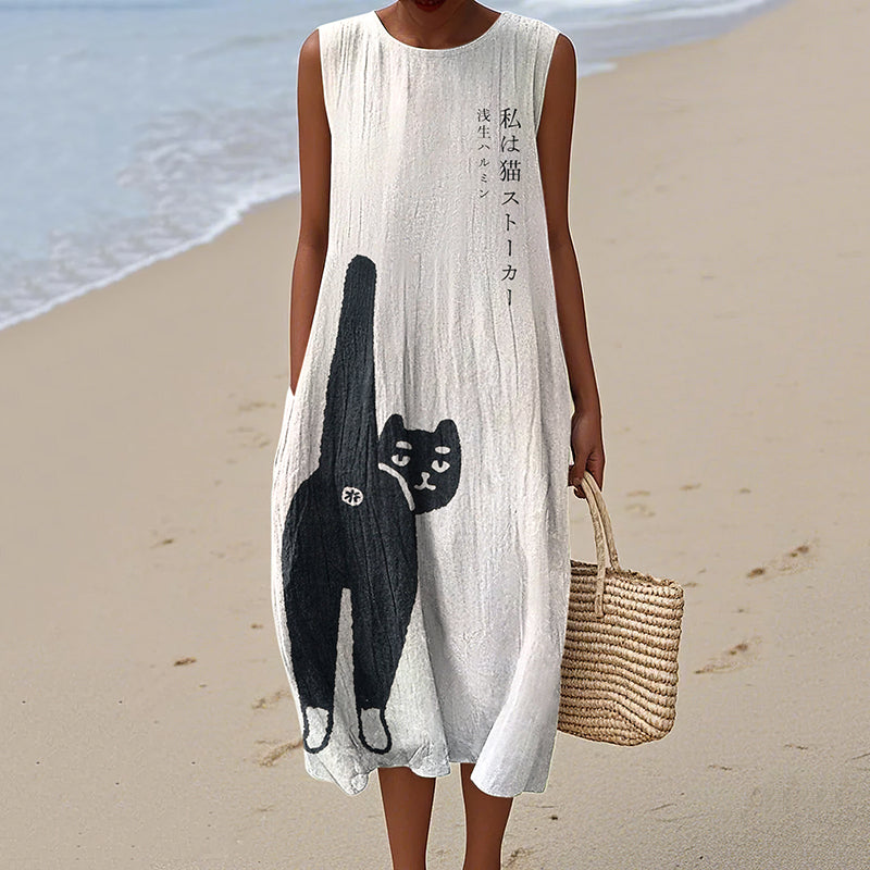 Comstylish Women's Vintage Japanese Cat Art Pattern Cotton And Linen Dress