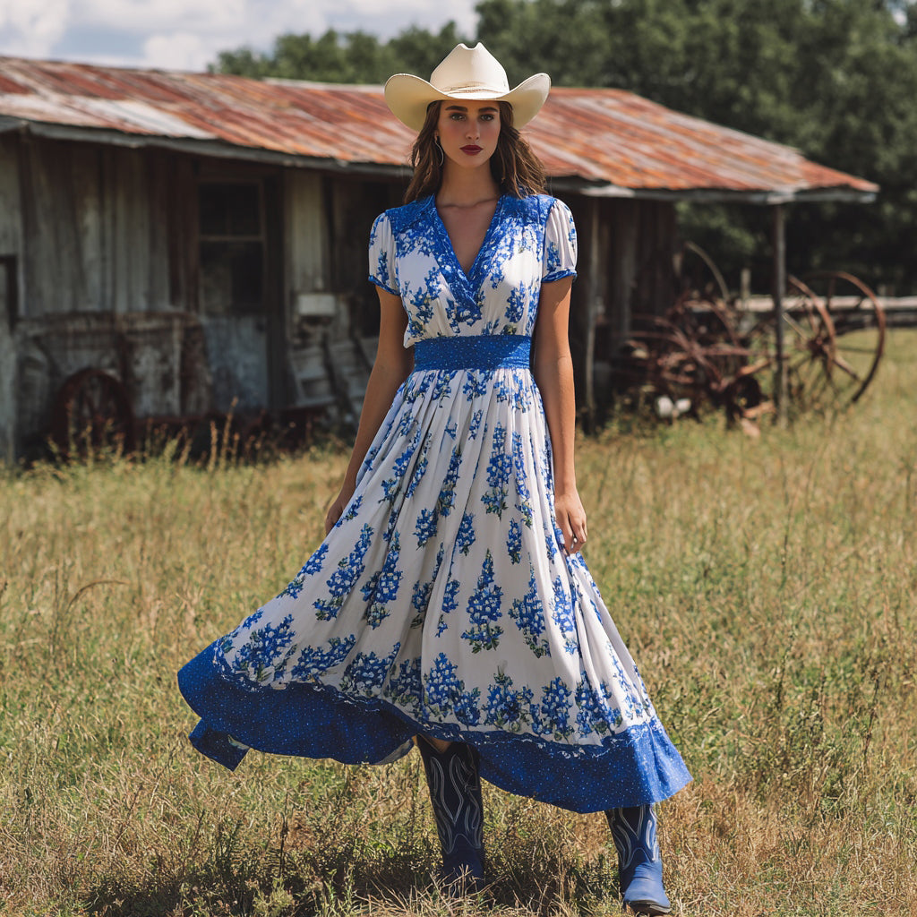 Women's Vintage Texas Bluebonnets Print V-neck Short Sleeves Midi Dress artswardrobe