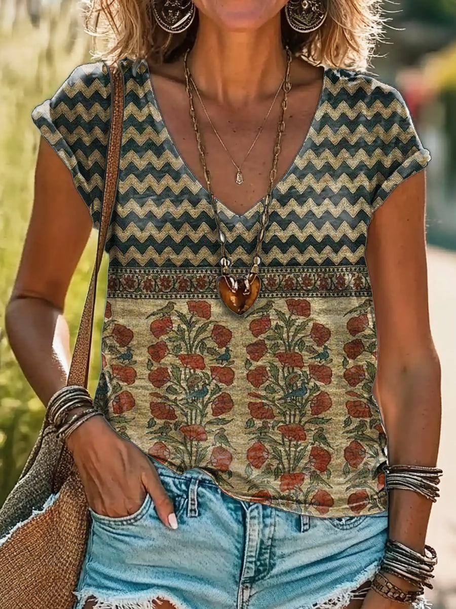 Vintage Bohemian Floral Art Print 100%Cotton V-neck T-Shirt