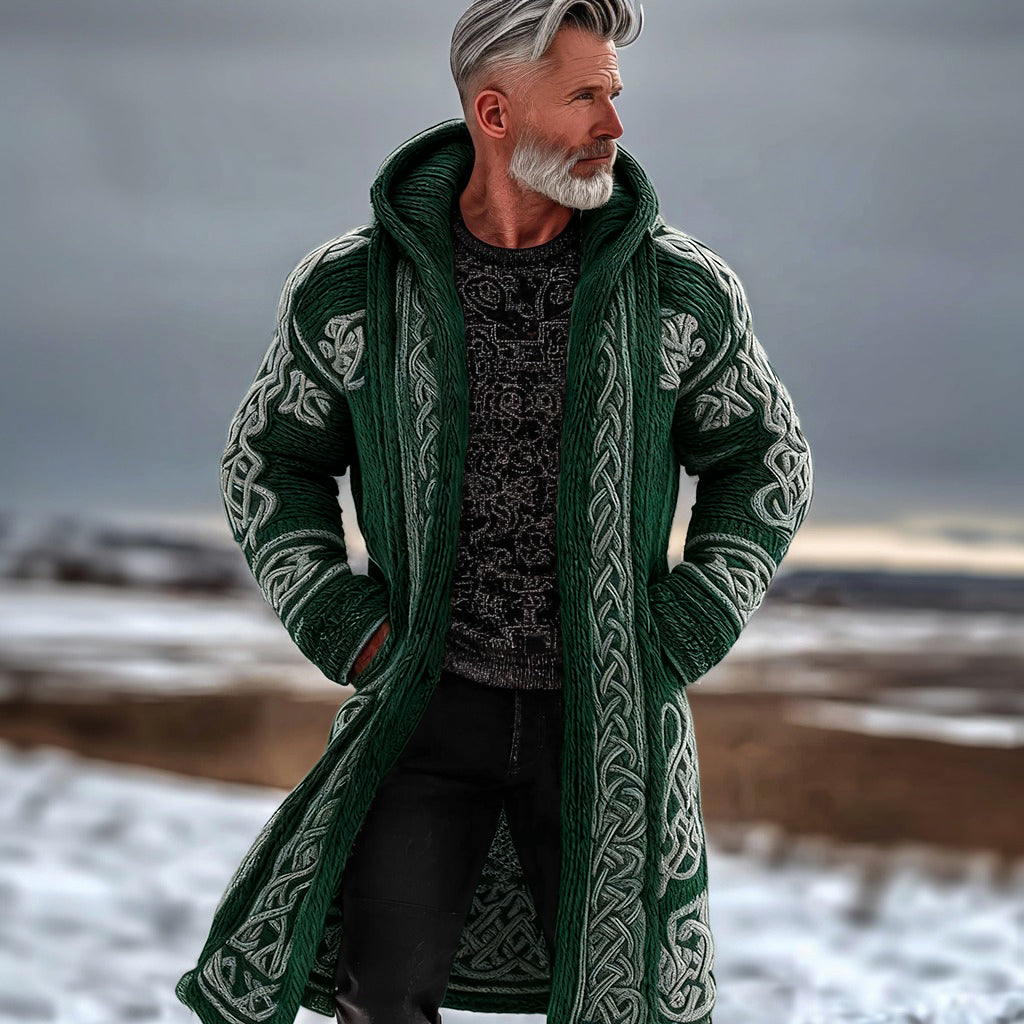 Men's Vintage Celtic Knot Knit Long Hooded Sweater Jacket artswardrobe