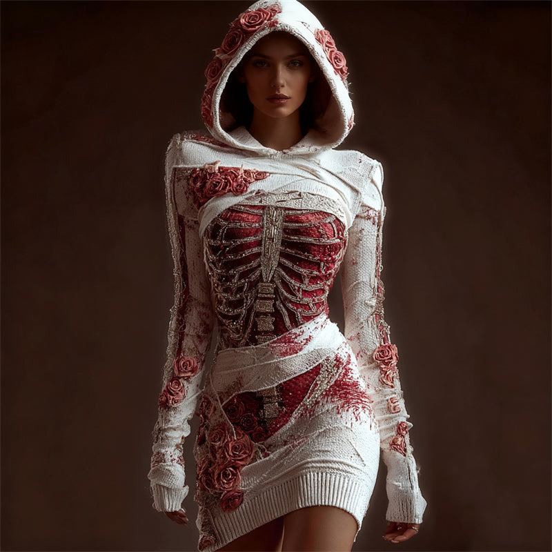 Classy Skeleton Anatomy Bloody Roses Bandages Hooded Sweater Dress artswardrobe